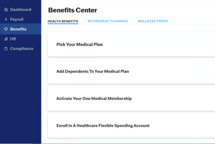 picture of justworks benefits center, here showing the different health benefits options: pick your medical plan, add dependents to your medical plan, activate your medical membership and enroll in a healthcare flexible spending account picture of justworks benefits center, here showing the different health benefits options: pick your medical plan, add dependents to your medical plan, activate your medical membership and enroll in a healthcare flexible spending account