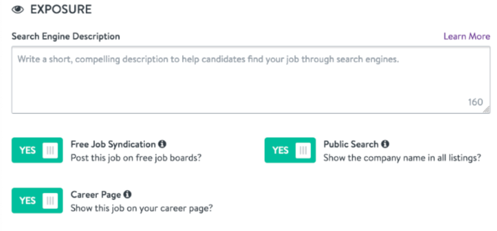 Picture of "exposure feature" where you can write a description to help candidates find your job through search engines. JazzHr (ATS) Review 2024, pros, cons pricing & more Picture of "exposure feature" where you can write a description to help candidates find your job through search engines. JazzHr (ATS) Review 2024, pros, cons pricing & more