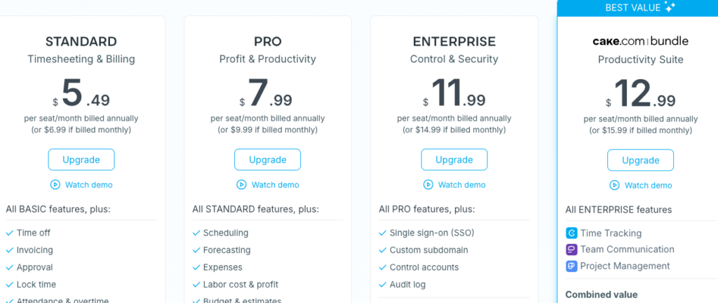 Clockify pricing plans. Standard $5.49. Pro $7.99. Enterprise $11.99. Bundle $12.99 Clockify pricing plans. Standard $5.49. Pro $7.99. Enterprise $11.99. Bundle $12.99. Clockify review 2024, pros cons, pricing and more.