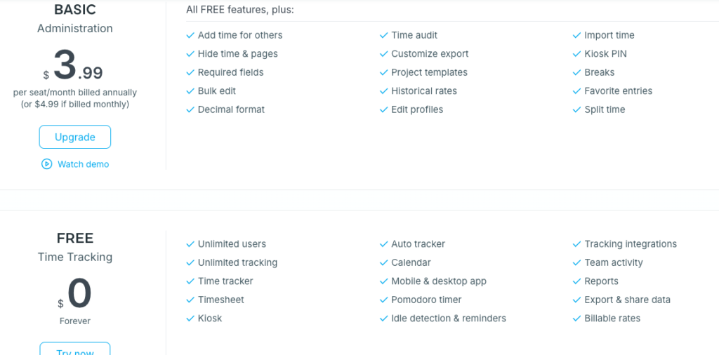 Clockify pricing plans. Basic $3.99. Free $0. Clockify pricing plans. Basic $3.99. Free $0. clockify review 2024, pros cons, pricing and more.