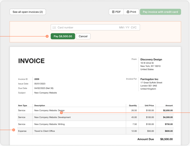 Picture of the invoice feature. Harvest time tracking review 2024. 
