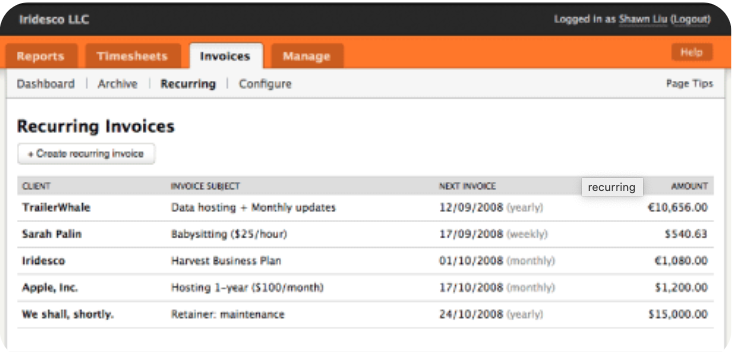 Picture of the recurring invoices feature. Harvest time tracking review 2024. 