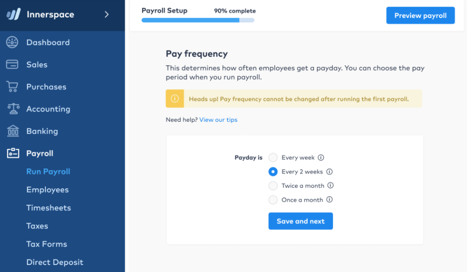 Wave Payroll Review 2025 2 Picture of payroll pay frequency option. Wave payroll review 2025