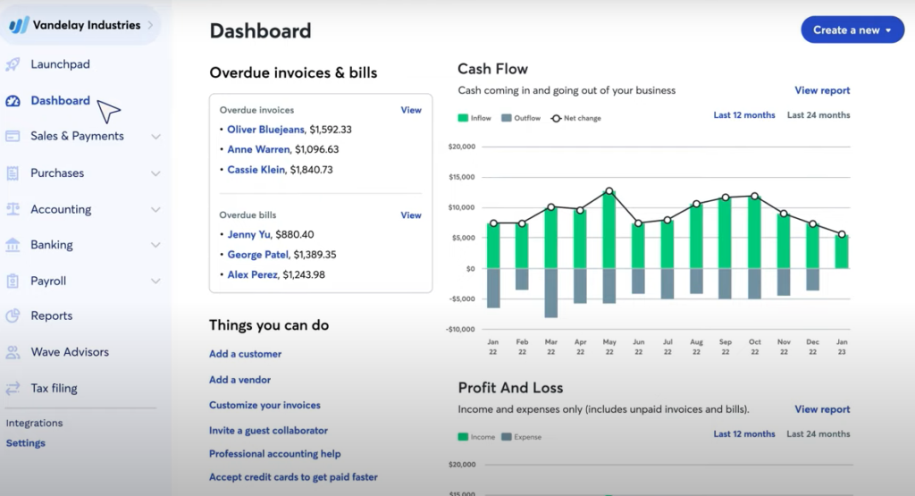 Picture of the dashboard of wave software. Wave review 2025 Picture of the dashboard of wave software. Wave payroll review 2025