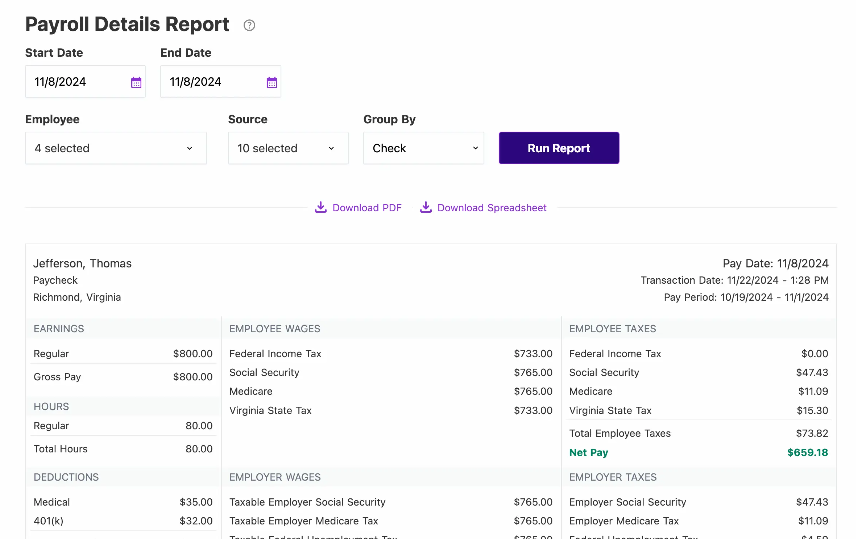Picture of payroll details report. Patriot Payroll Reviews 2025