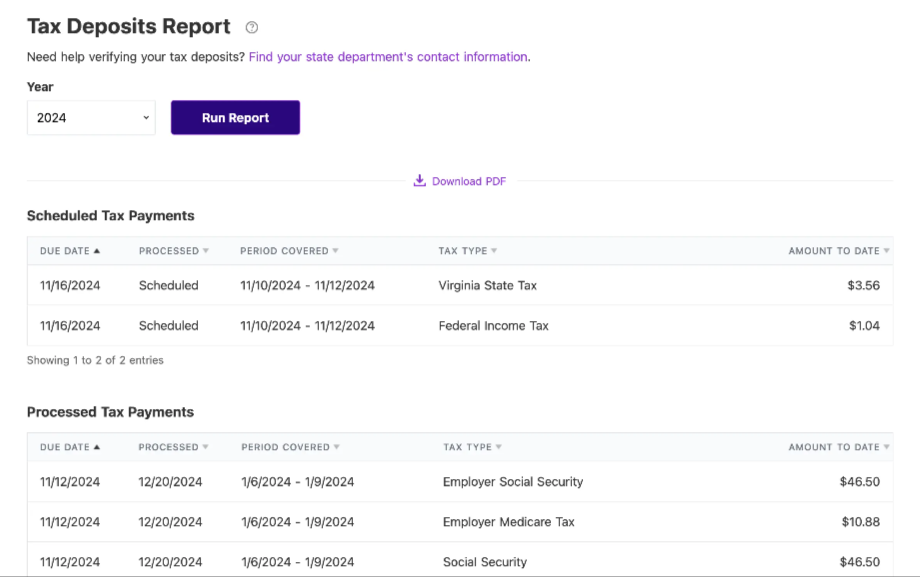 Picture of Tax Deposits report. Patriot Payroll Reviews 2025