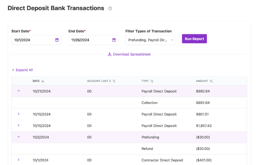 Picture of direct deposit bank transactions. Patriot Payroll Reviews 2025