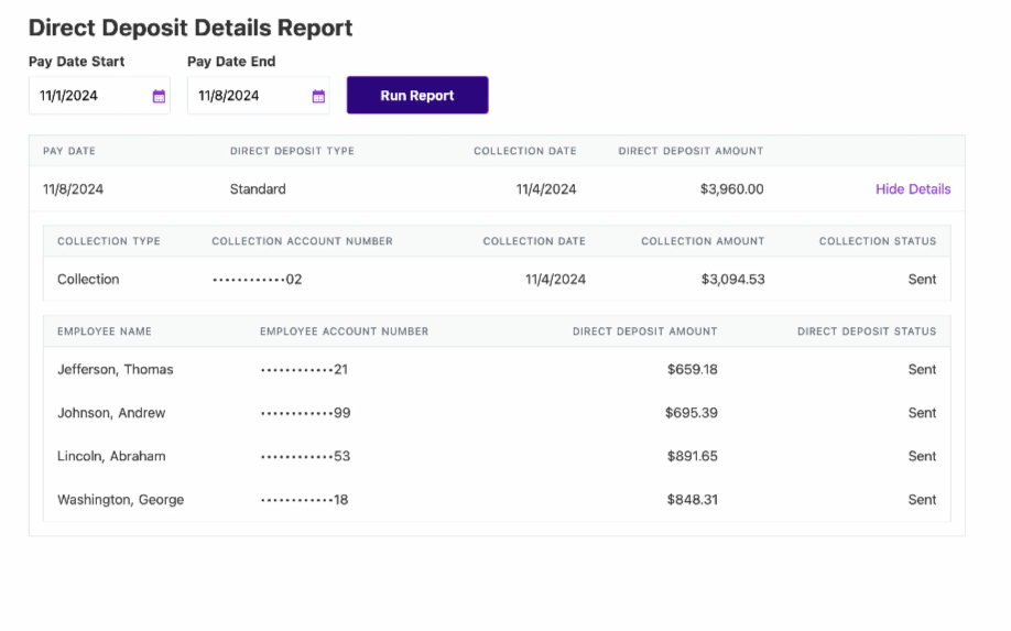 Picture of direct deposit details report. Patriot Payroll Reviews 2025