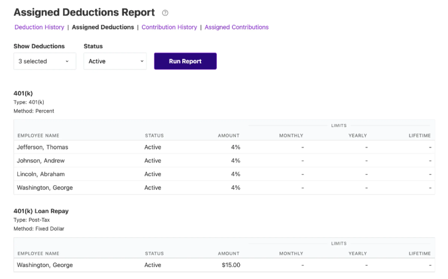 Picture of assigned deductions report. Patriot Payroll Reviews 2025