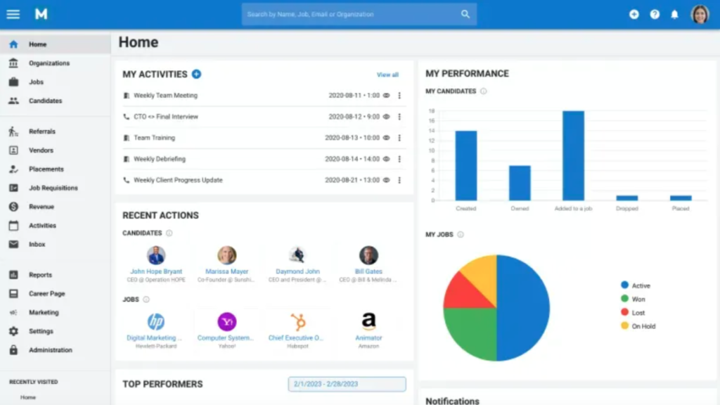 Picture of the dashboard home page. Manatal ATS Review 2025: Features, Pricing, Pros & Cons